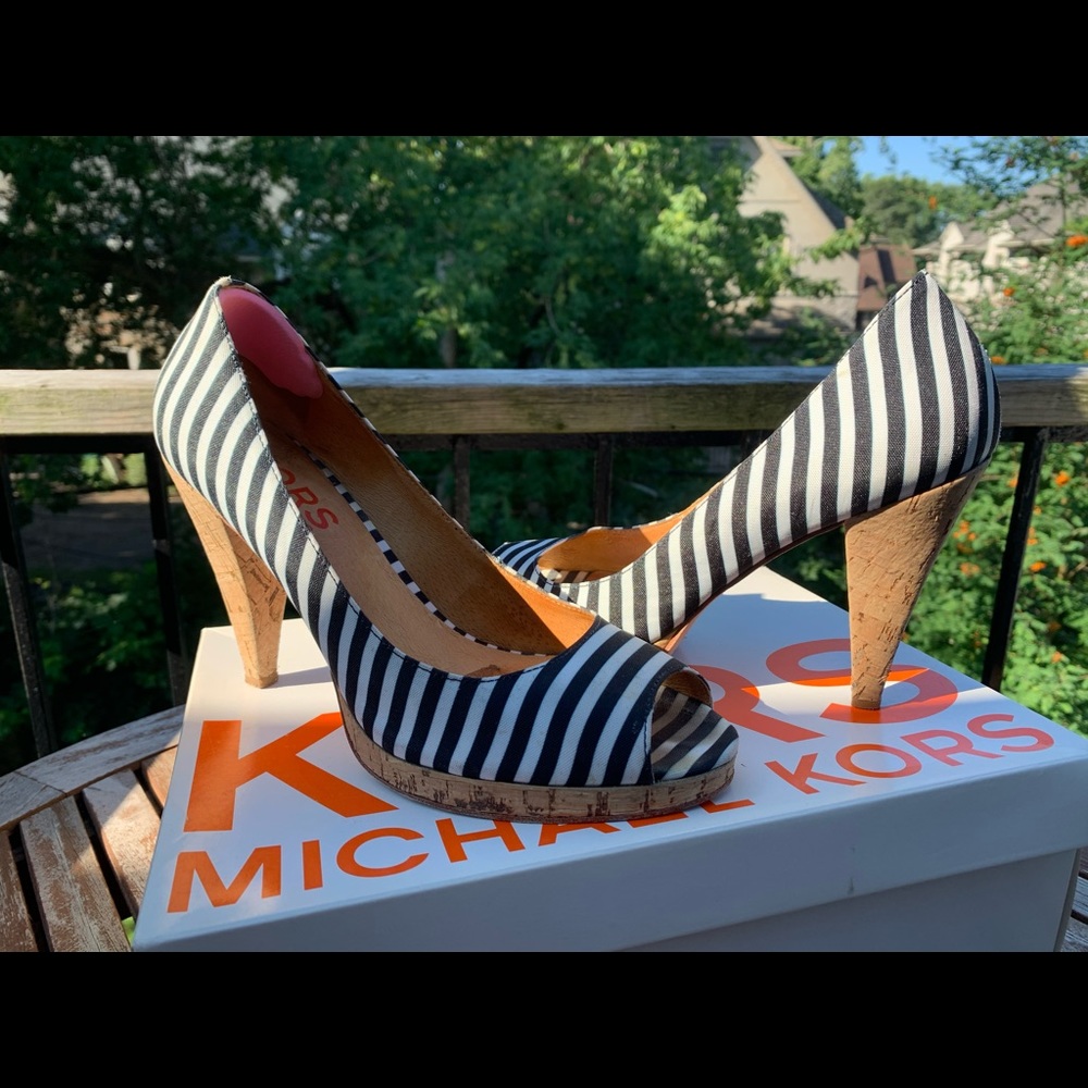 Michael Kors Black & White Stripe Open Toe